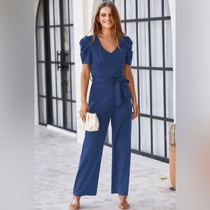 Jumpsuit Short Sleeve Casual v Neck Belted Wide Leg Formal Rompers Jumpsuits